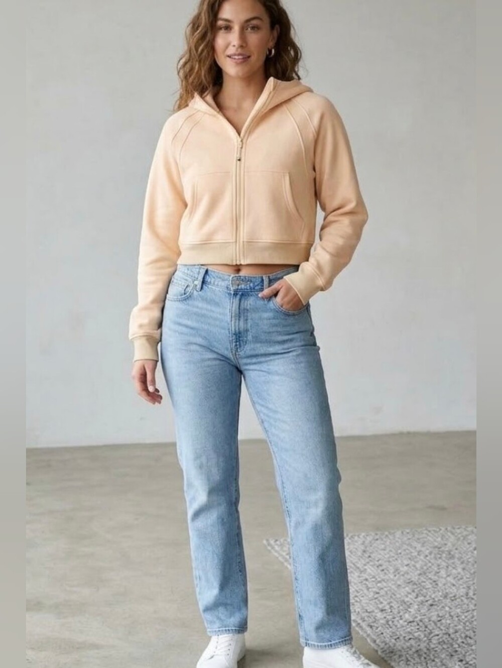 Cream Beige Hooded Pullover Size L Large Crop Hoodie Jacket Cropped Coat Sweater